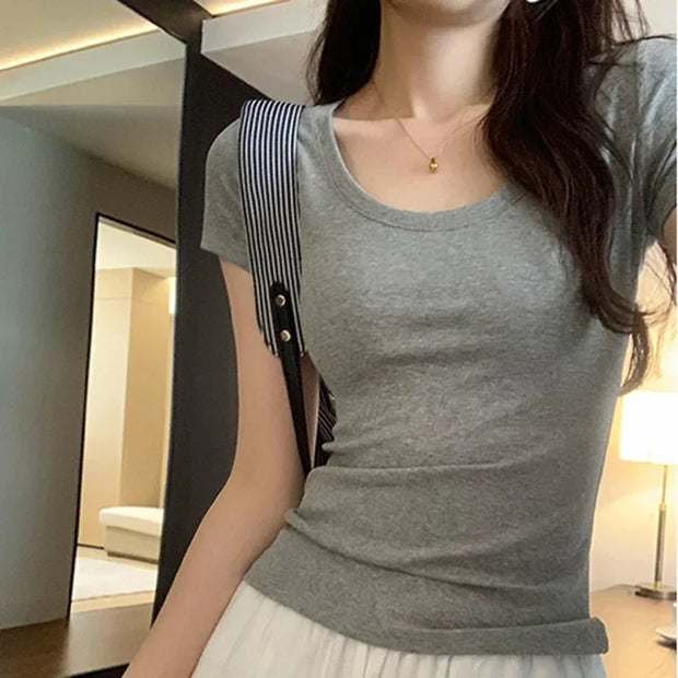 Slim fit women short sleeve grey O-neck t-shirt casual summer basic tee