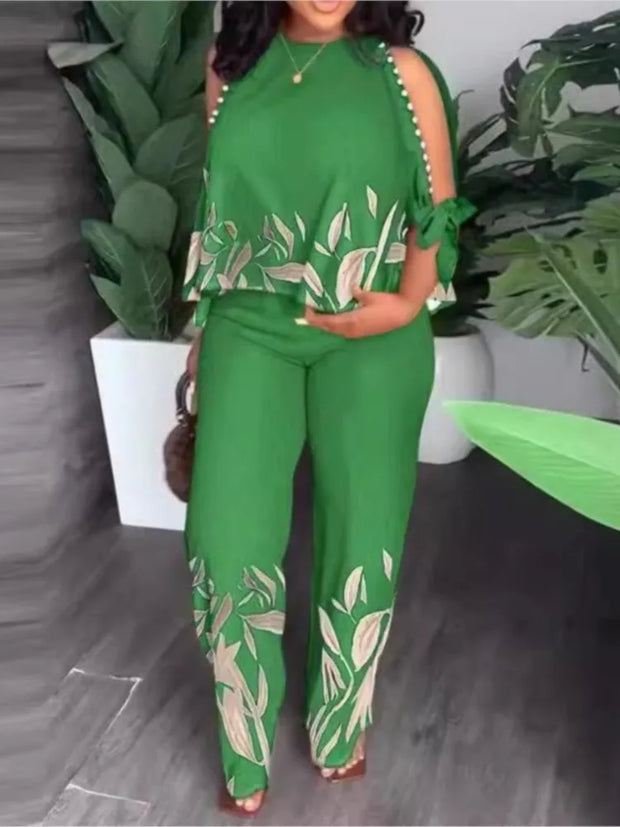 Two Piece Sets Neck Hollow Sleeves Top & Wide Leg Trousers Suit