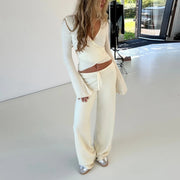 2 Piece Outfit V Neck Tie T-shirt + Elastic Waist Pants Autumn Long Sleeve Crop Tops