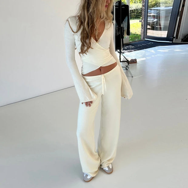 2 Piece Outfit V Neck Tie T-shirt + Elastic Waist Pants Autumn Long Sleeve Crop Tops