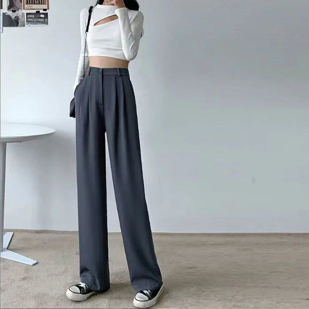 White High Waist Fluid Korean Style Wide Leg Palazzo Straight Fashion Casual