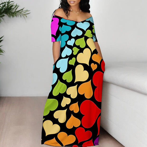 Printed Short Sleeve Long Dress Sexy Off Shoulder Cocktail Party Dress ﻿
