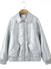 Black PU Faux Leather Jacket Spring Autumn Lady Vintage Zipper Coat