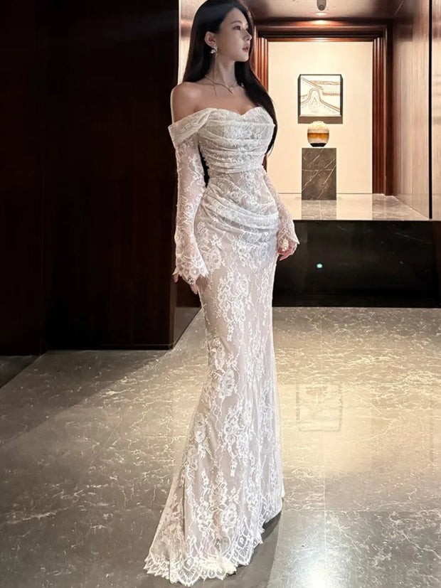 Solid Slim Slash Neck Vintage Party Long Dress Female Clothes Chic Robe