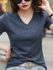 Solid cotton V-neck casual women's short sleeve T-shirt in dark gray