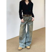 Vintage Streetwear Washed Denim Pants Basic Slouchy Blue Trousers Femme
