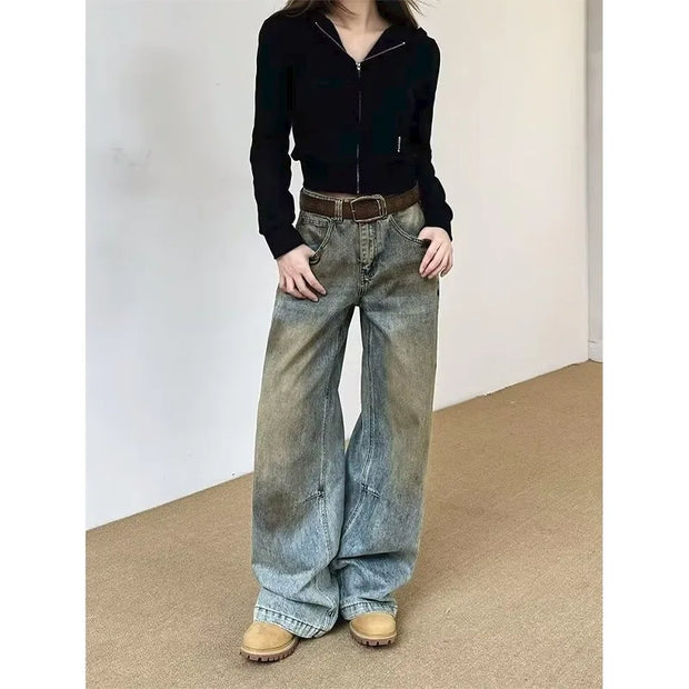 Vintage Streetwear Washed Denim Pants Basic Slouchy Blue Trousers Femme