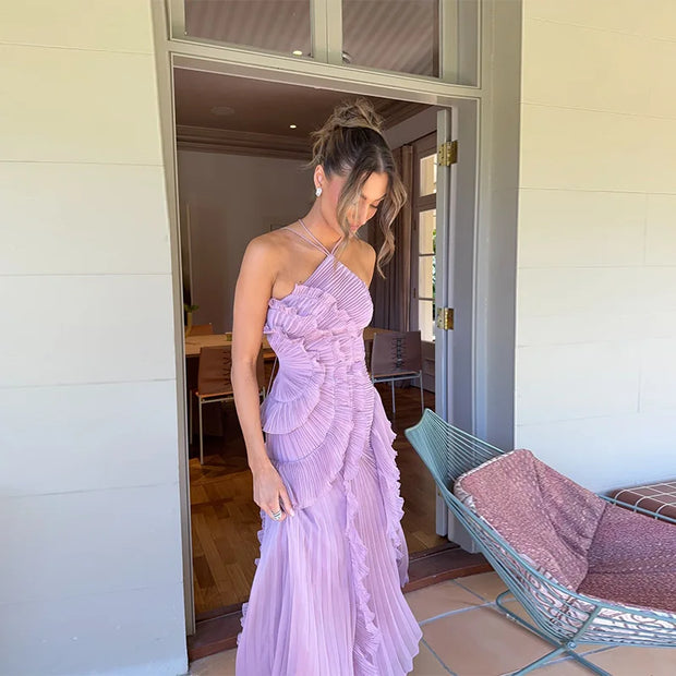 Slim fit backless sleeveless lavender lace-up halter maxi dress with ruffle details