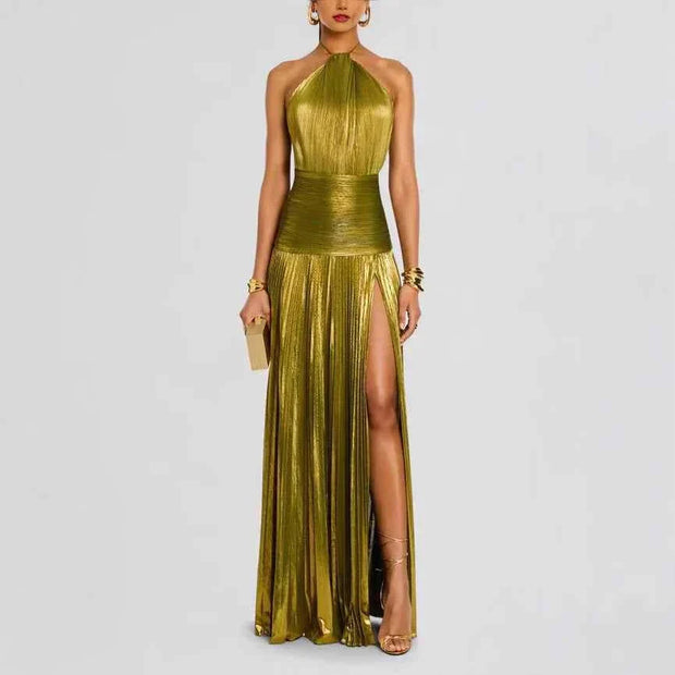 Sleeveless backless gold halter neck evening dress with thigh slit and A-line maxi skirt