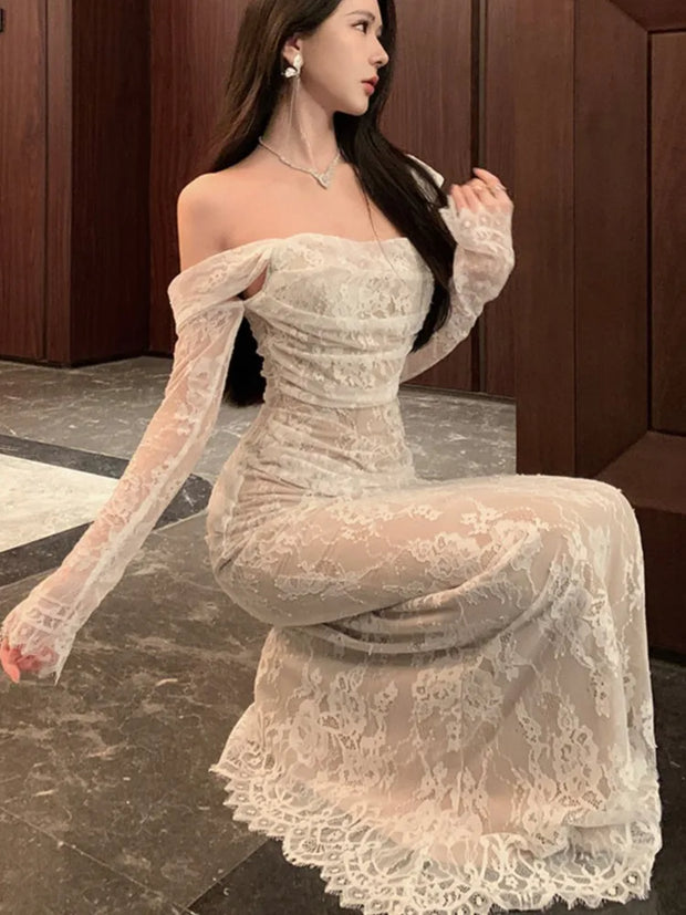 Solid Slim Slash Neck Vintage Party Long Dress Female Clothes Chic Robe