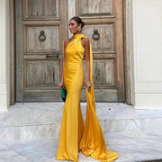 women's sexy backless sleeveless yellow satin floor-length gown with high neck and scarf detail