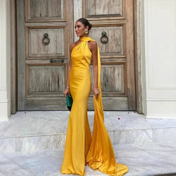 women's sexy backless sleeveless yellow satin floor-length gown with high neck and scarf detail