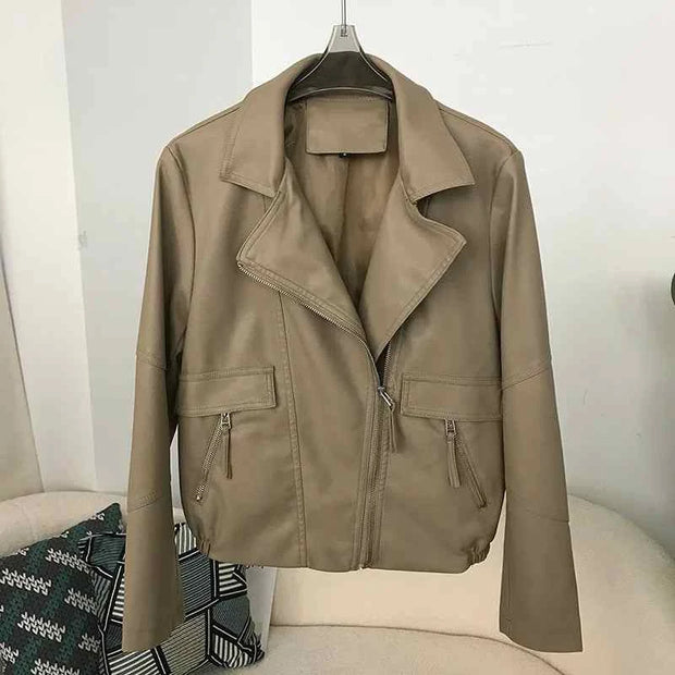 Brown Moto Biker Leather Coats Casual jacket Streetwear Zipper PU Outwear