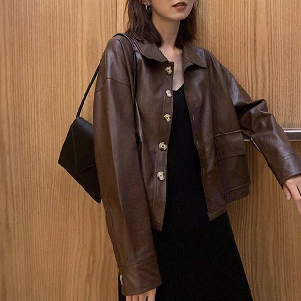 Vintage Single-Breasted Coat Pocket Moto Biker Style Cropped Leather Jackets