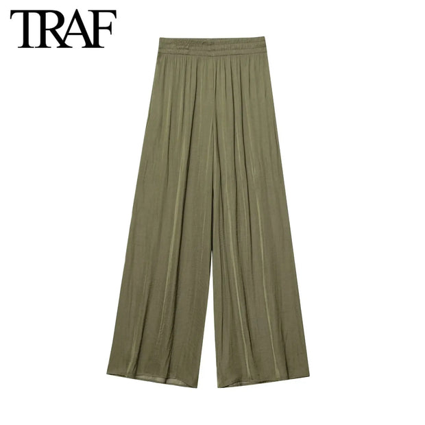Solid Color Folded Chic Female Elastic High Waist Wide Leg Trousers