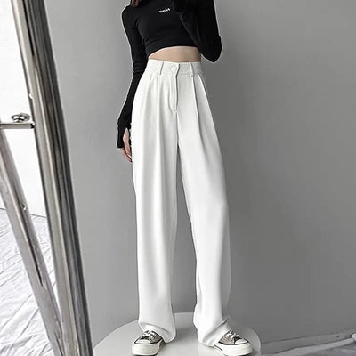 White High Waist Fluid Korean Style Wide Leg Palazzo Straight Fashion Casual