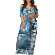 Printed Short Sleeve Long Dress Sexy Off Shoulder Cocktail Party Dress ﻿