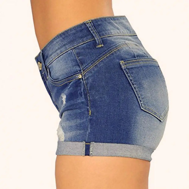 Shorts Jeans Ripped Mid Waist Solid Color Soft Short Jeans