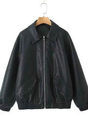Black PU Faux Leather Jacket Spring Autumn Lady Vintage Zipper Coat