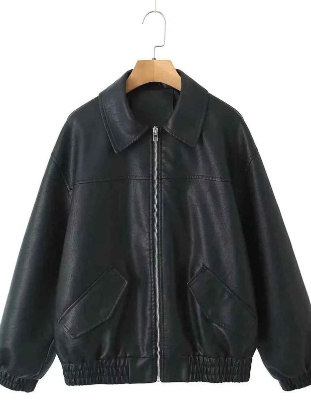 Black PU Faux Leather Jacket Spring Autumn Lady Vintage Zipper Coat