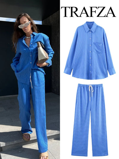Long Sleeve Single-breasted Slim Shirt+High Waist Drawstring Loose Long Pants