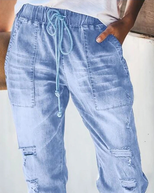 Latest Fashion Commuting Style Drawstring Ripped Pocket Daily Versatile Jeans