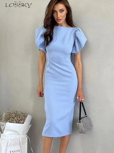 Summer Casual Ruffle Sleeve Slit Office Dress Fashion Chic Blue New In Dresses