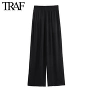 Solid Color Folded Chic Female Elastic High Waist Wide Leg Trousers