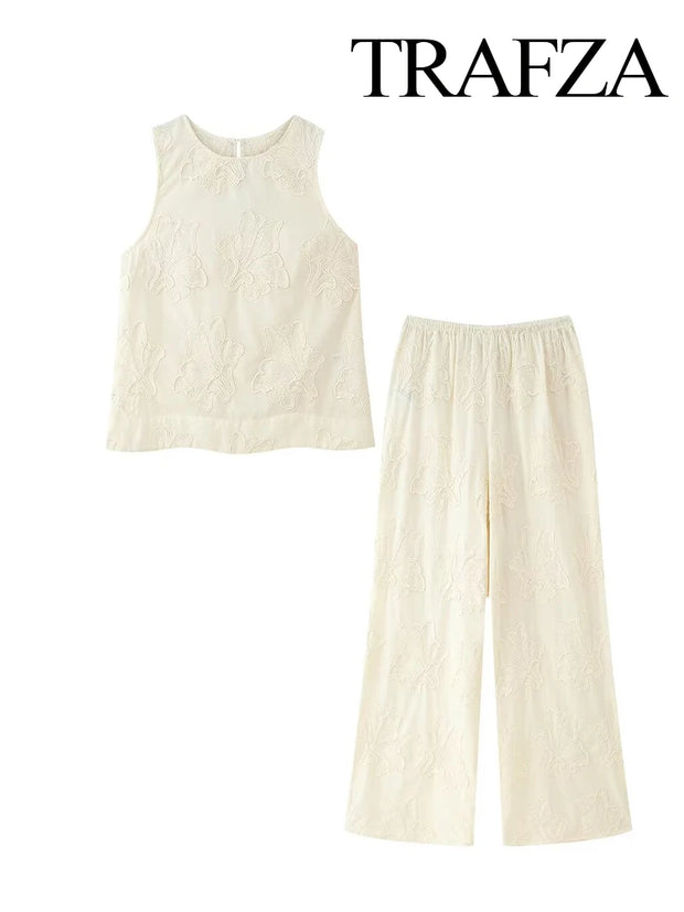Neck Sleeveless Slim Top+Elastic Waist Drawstring Loose Long Pants