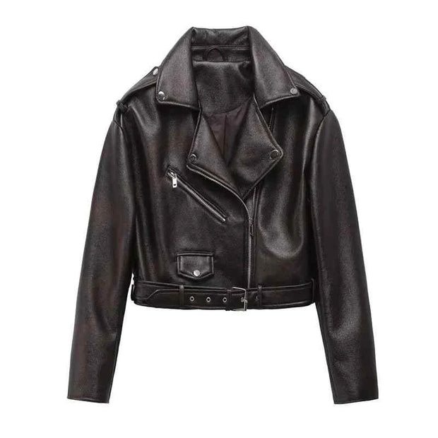 Soft Leather Jacket Vintage Female Belt Zipper Coat Biker Outwear Tops