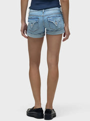 Blue Shorts Stretch Jeans Button Placket Flap Back Pockets