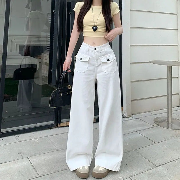 Loose Pocket Wide Leg Denim Floor Pants Y2K High Waisted Straight Trousers