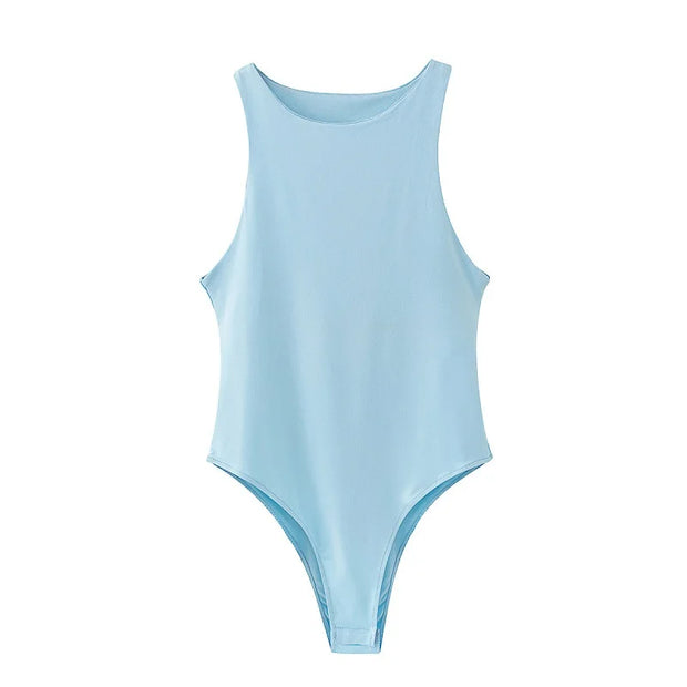 Light blue women bodysuit with sleeveless design and high stretch fabric for casual summer wear