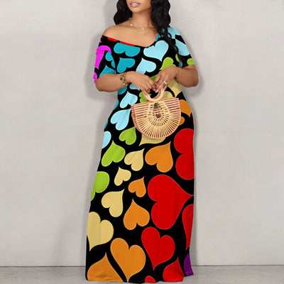 Printed Short Sleeve Long Dress Sexy Off Shoulder Cocktail Party Dress ﻿