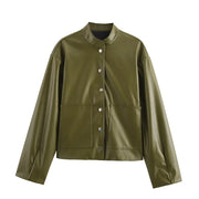 olive green women's faux leather jacket with snap button closure and front pockets