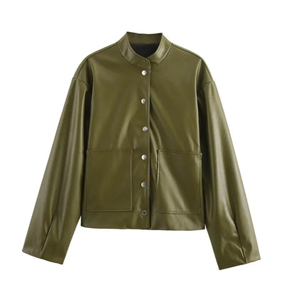 olive green women's faux leather jacket with snap button closure and front pockets