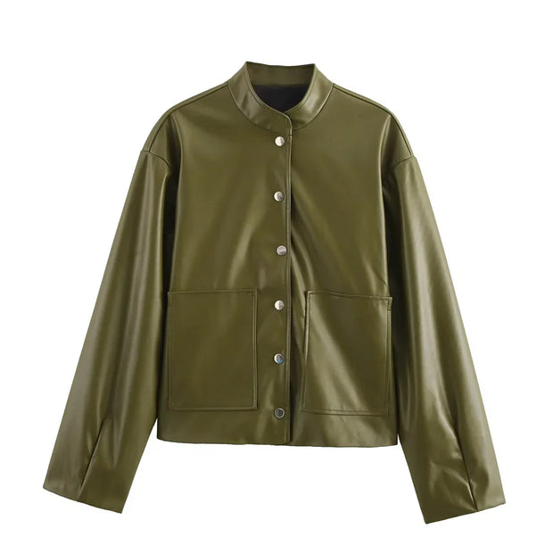 olive green women's faux leather jacket with snap button closure and front pockets