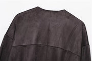 Suede Effect Jacket Spring and Autumn Crew Neck Street Vintage Women's Top