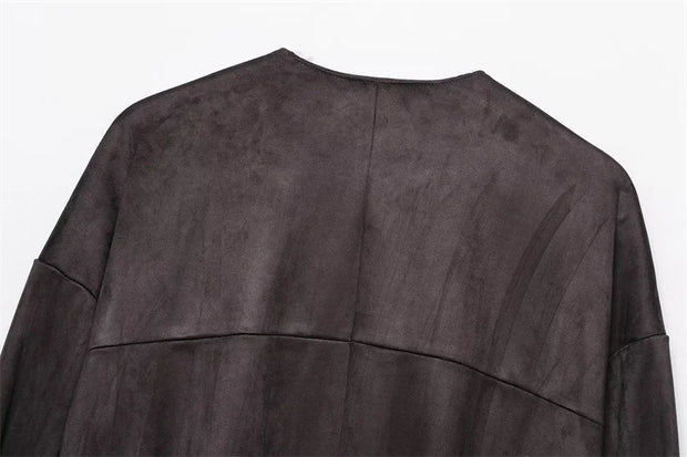 Suede Effect Jacket Spring and Autumn Crew Neck Street Vintage Women's Top