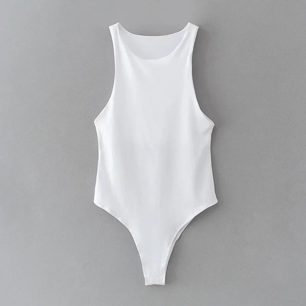 White slim fit women's sleeveless bodysuit with high stretch fabric and solid pattern for casual summer wear