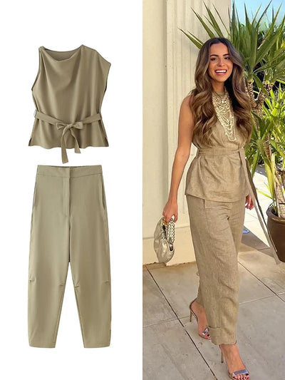 Round Neck Top Pajama Style Mid Waist Trousers Womenswear