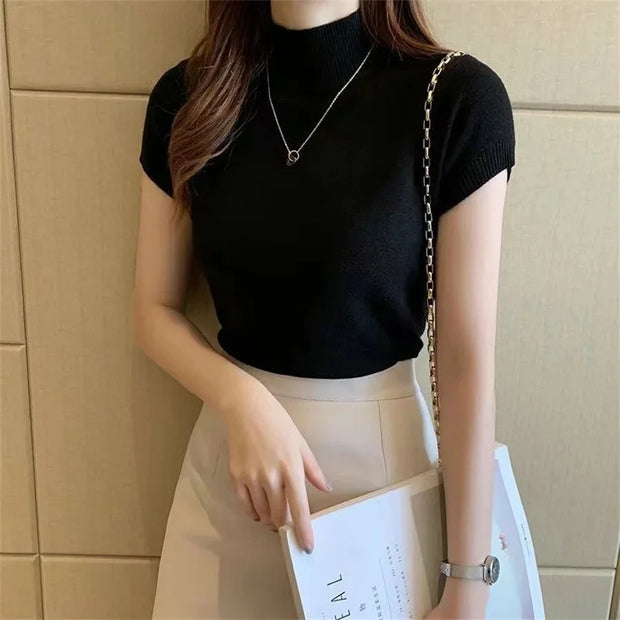 Summer Tops Blouse Women Turtleneck Knitted Blouse Shirt