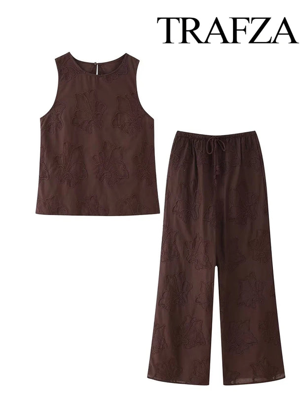 Neck Sleeveless Slim Top+Elastic Waist Drawstring Loose Long Pants