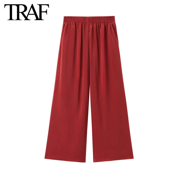 Solid Color Folded Chic Female Elastic High Waist Wide Leg Trousers