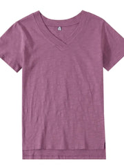 women's solid purple cotton v-neck short sleeve casual t-shirt