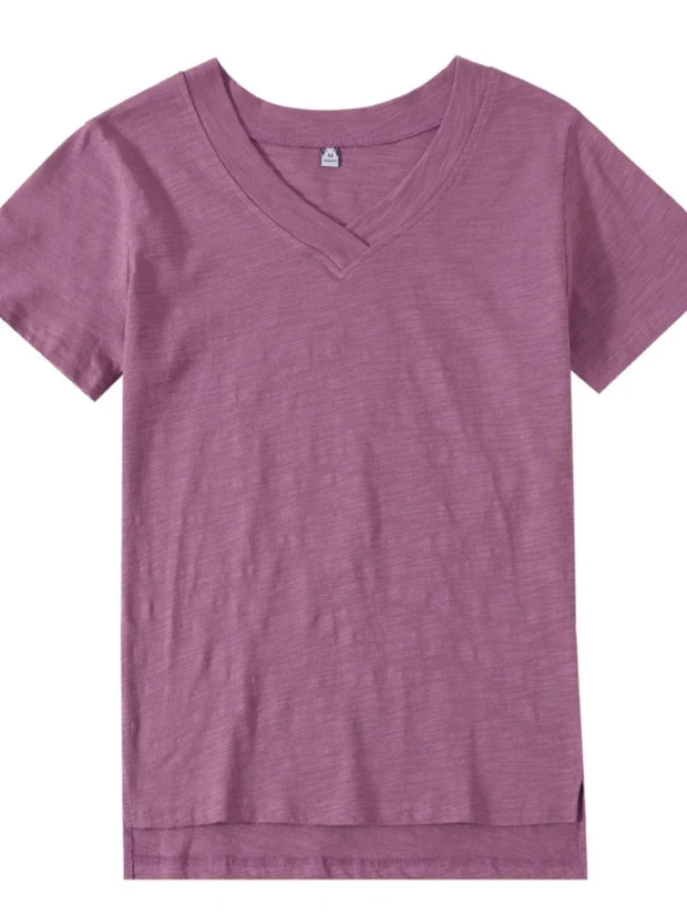 women's solid purple cotton v-neck short sleeve casual t-shirt