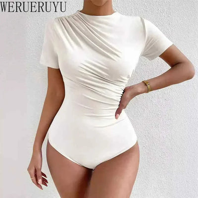 Slim fit one-piece white bodysuit with short sleeves and shirring detail for women summer streetwear