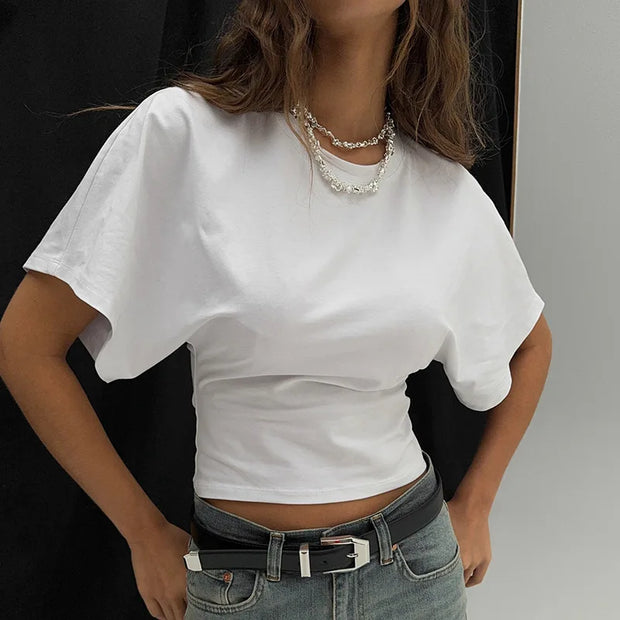 White O-neck corset short sleeve loose casual polyester spandex top for women summer streetwear