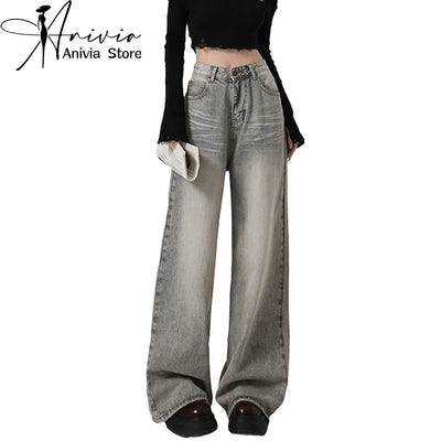 Women's Grey Baggy Jeans Harajuku Aesthetic Streetwear Oversize Denim Trousers Y2k Wide Jean Pants Vintage 2000s Trashy Clothes
