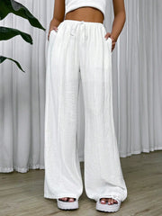 Solid White 25 Spring Summer Drawstring Waist Wide Leg Pants